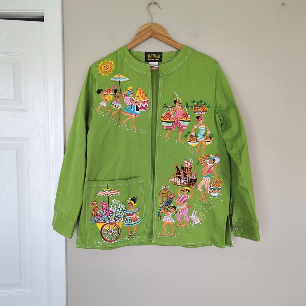 Bob Mackie Wearable Art Green Embroidered Blazer Small Art to Wear Eclectic